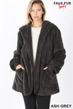 HOODED FAUX FUR JACKET WITH POCKETS ASH GREY