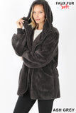 HOODED FAUX FUR JACKET WITH POCKETS ASH GREY