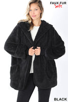 HOODED FAUX FUR JACKET WITH POCKETS BLACK