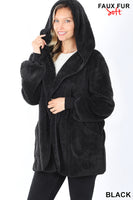 HOODED FAUX FUR JACKET WITH POCKETS BLACK