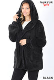 HOODED FAUX FUR JACKET WITH POCKETS BLACK