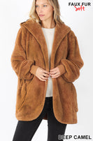 HOODED FAUX FUR JACKET WITH POCKETS DEEP CAMEL