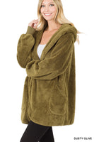 HOODED FAUX FUR JACKET WITH POCKETS DUST OLIVE