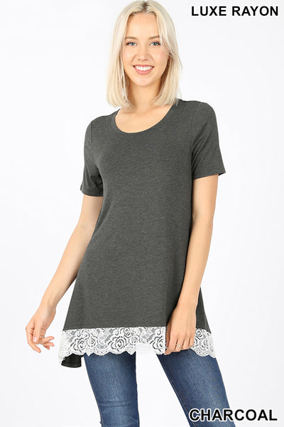 CHARCOAL LACE TRIM HI-LOW HEM TOP