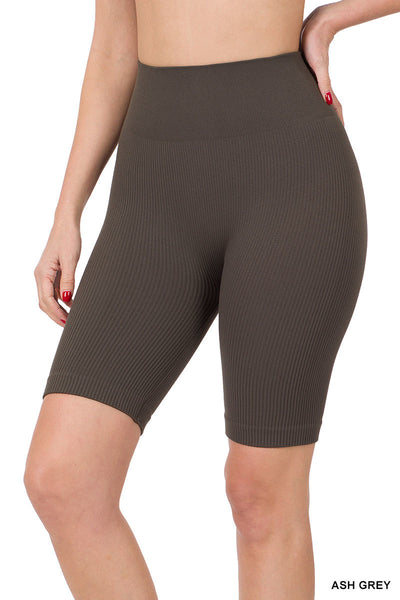 SEAMLESS RIBBED HIGH WAIST BIKER SHORTS ASH GREY