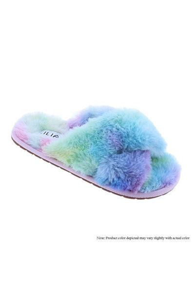 Dearly1 Criss Cross Double Strap Fur Sandals Rainbow